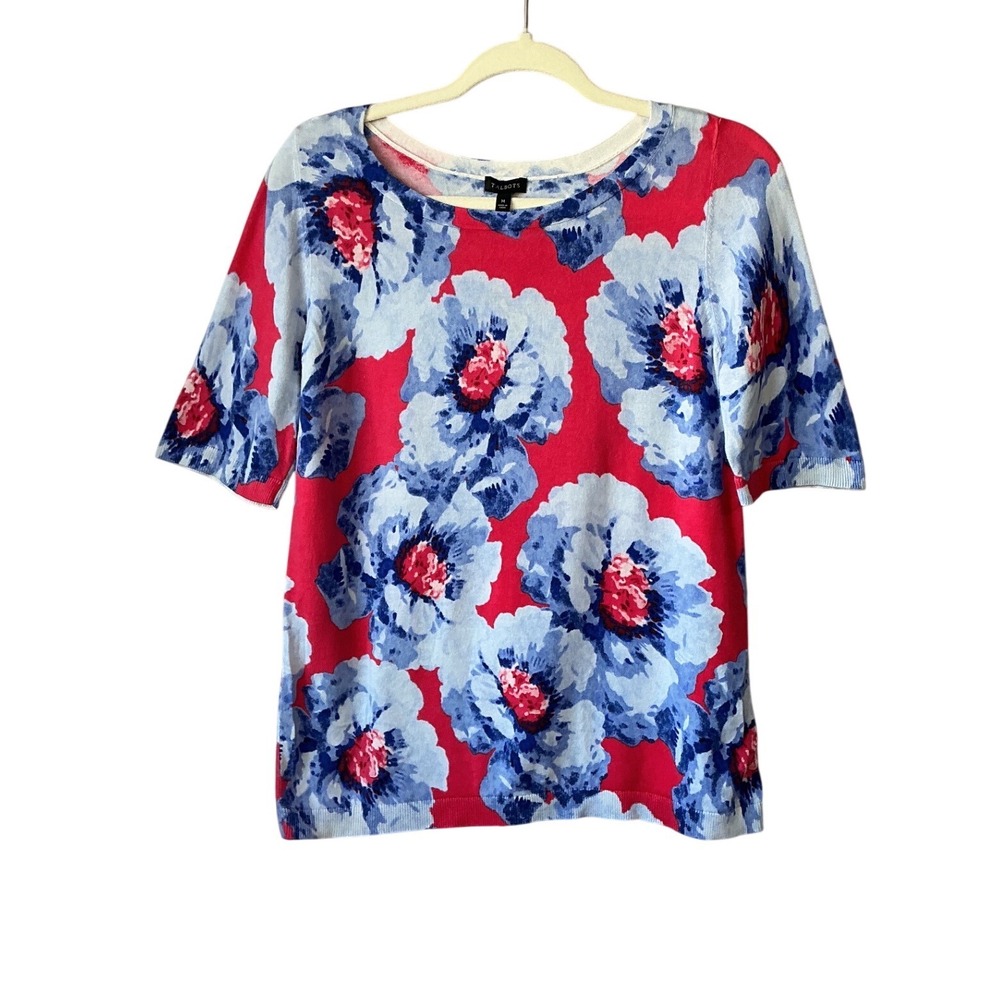Talbots Womens Red Blue Floral Short Sleeve Cotton Rayon Knit Sweater Size M